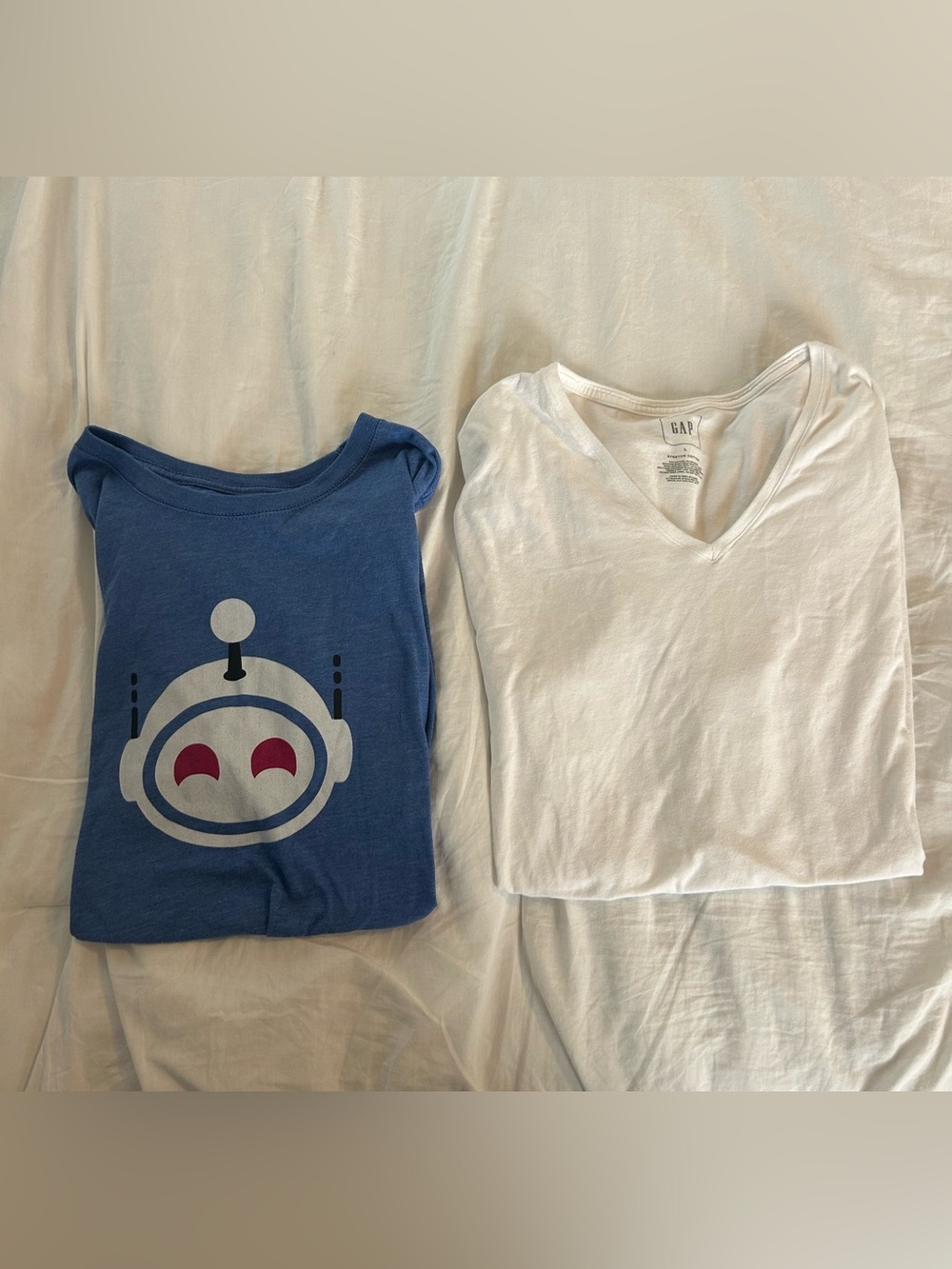Blue Robot Graphic Tee & GAP White V-Neck Tee